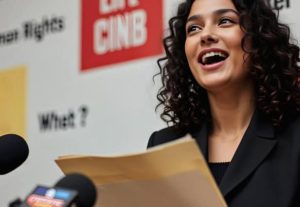 Media professional conducting interview with microphone and enthusiasm