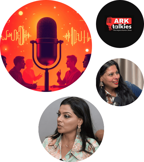 Podcast media production workspace with audio recording equipment